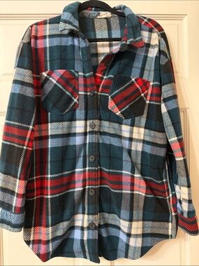 Maurices Teal, Red & Cream Plaid Fleece Shirt Jacket